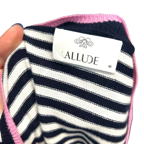 Allude Cardigan Sweater Striped‎ Cotton Scallop Trim Navy Blue White Size Medium - Picture 7 of 8